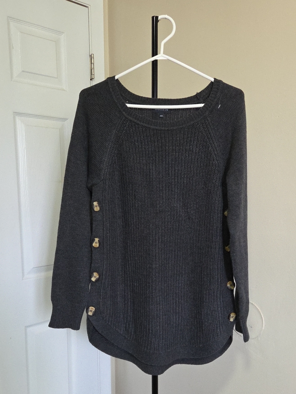 Warehouse One Charcoal Scoop-Neck Side-Button Knit Sweater